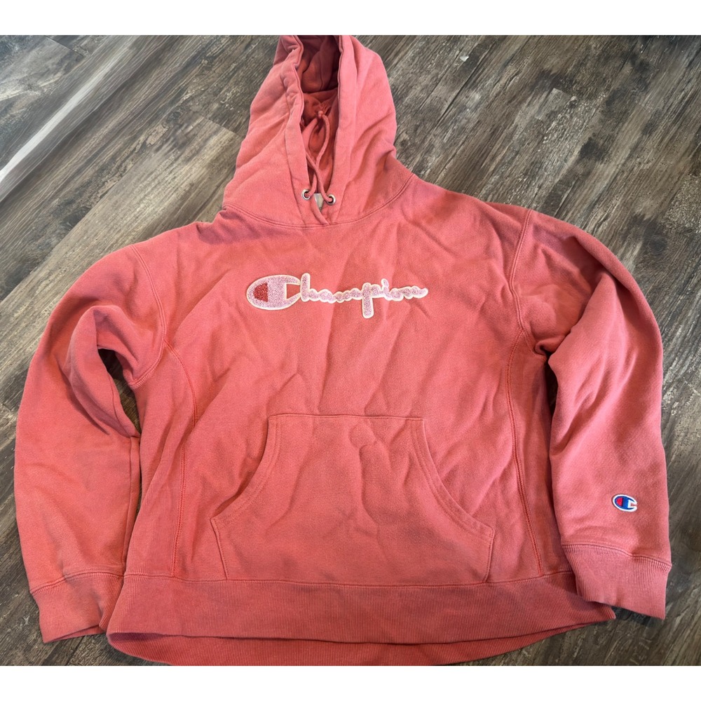 Vintage Champion Hoodie Pink Chenille Script Logo Pullover Sweatshirt Womens M